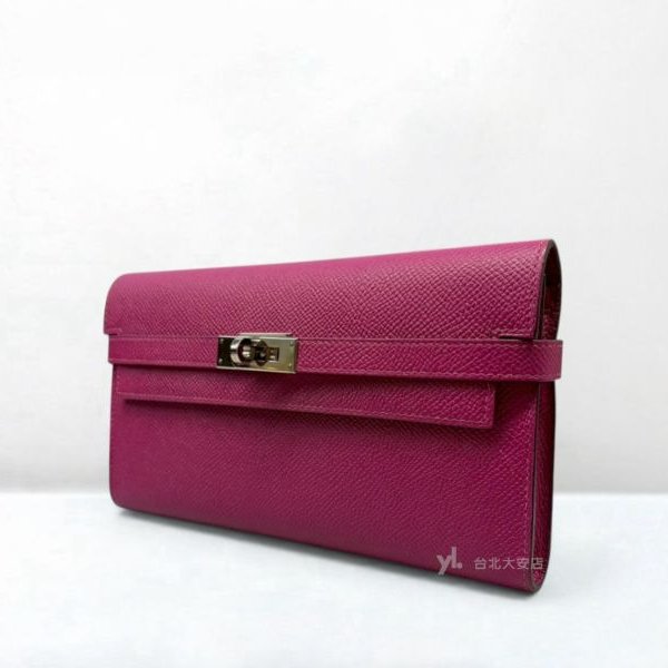 B6364-HERMES KELLY L3玫瑰紫EPOSM皮銀釦長夾-2