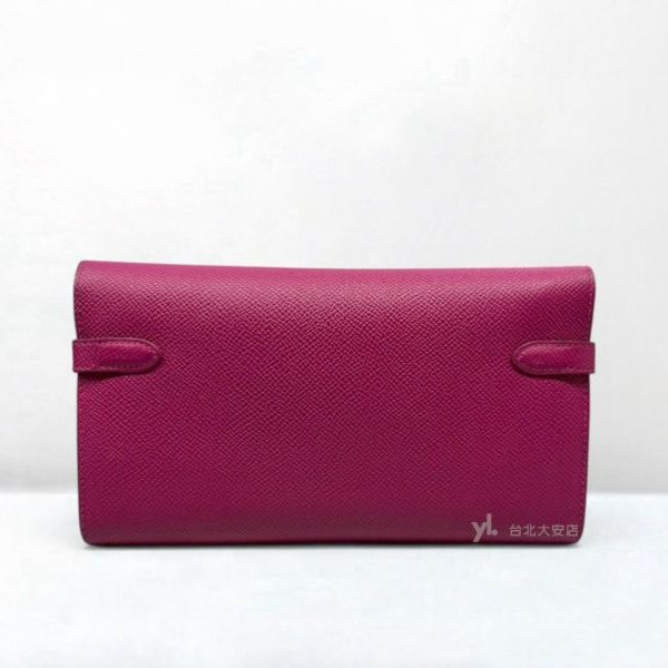 B6364-HERMES KELLY L3玫瑰紫EPOSM皮銀釦長夾-3