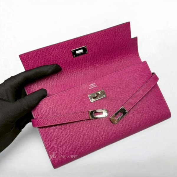 B6364-HERMES KELLY L3玫瑰紫EPOSM皮銀釦長夾-5