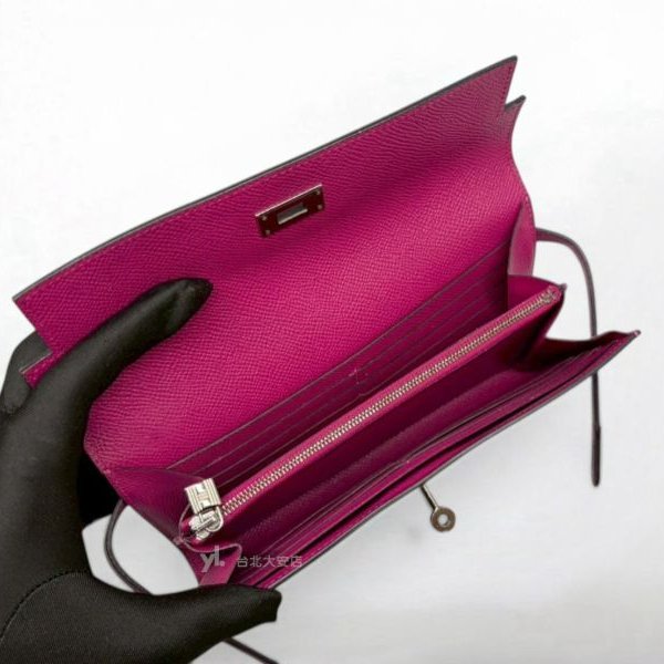 B6364-HERMES KELLY L3玫瑰紫EPOSM皮銀釦長夾-6