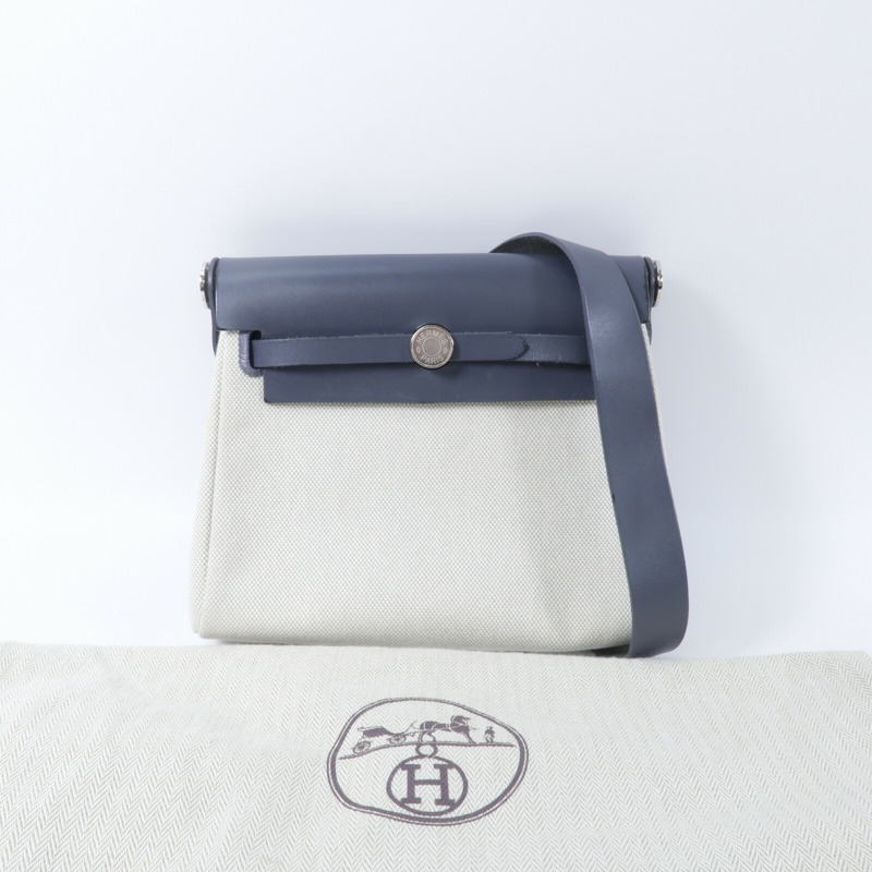 HERMES 帆布Mini Herbag肩背袋Ardoise/Beige-9