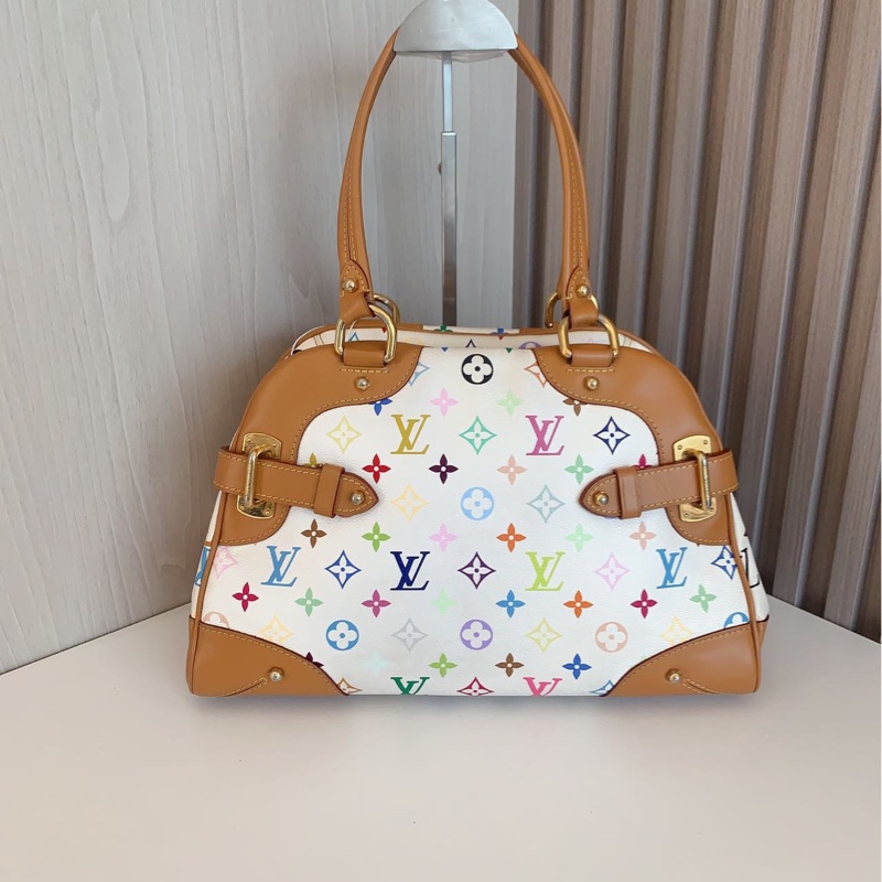 98新LV路易威登 中古白三彩保齡球手提包 -1