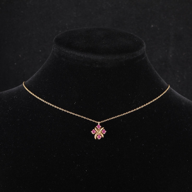 TIFFANY&CO 18K黃金Schlumberger系列四鑽紅寶石項鏈-1