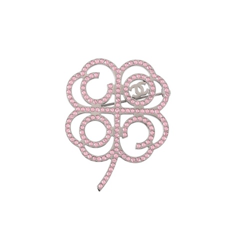 CHANEL 合金17B四葉草粉色水鑽胸針