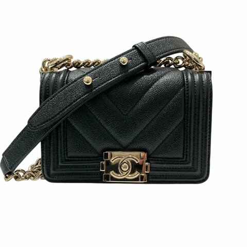 CHANEL 香奈兒 BOY MINI 山形紋迷你翻蓋包 荔枝牛皮 黑色 淺金釦