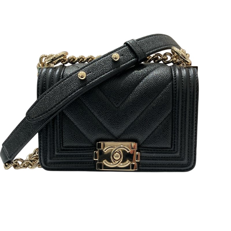 CHANEL 香奈兒 BOY MINI 山形紋迷你翻蓋包 荔枝牛皮 黑色 淺金釦-0