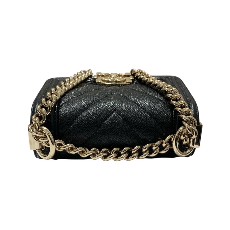 CHANEL 香奈兒 BOY MINI 山形紋迷你翻蓋包 荔枝牛皮 黑色 淺金釦-6