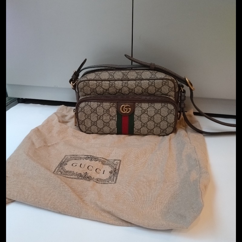 Gucci 咖皮邊印花PVC綠紅綠數層拉鍊斜背包-6