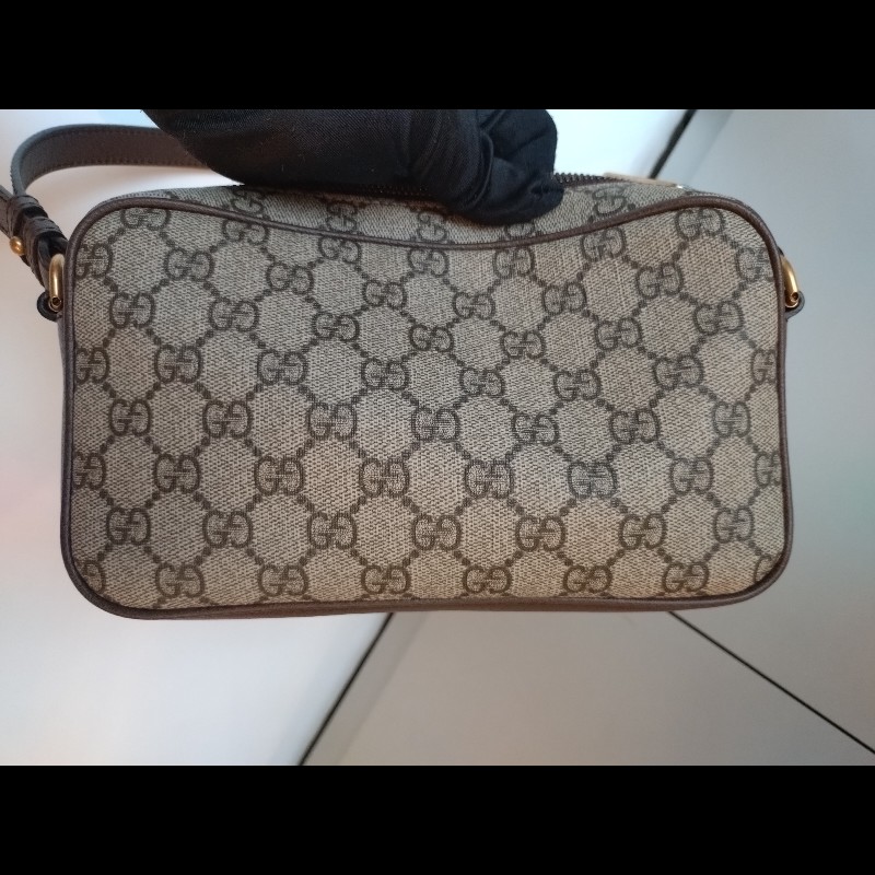 Gucci 咖皮邊印花PVC綠紅綠數層拉鍊斜背包-7