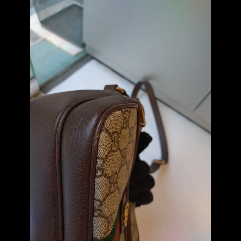 Gucci 咖皮邊印花PVC綠紅綠數層拉鍊斜背包-12