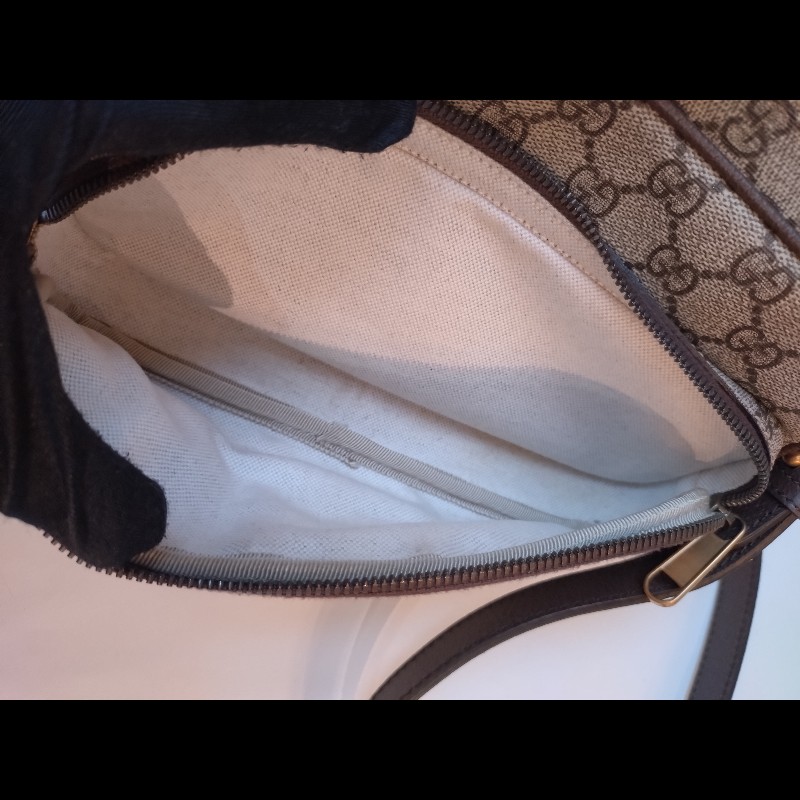 Gucci 咖皮邊印花PVC綠紅綠數層拉鍊斜背包-13
