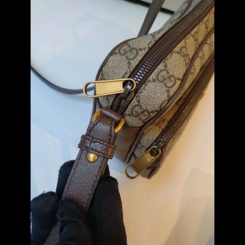 Gucci 咖皮邊印花PVC綠紅綠數層拉鍊斜背包-20