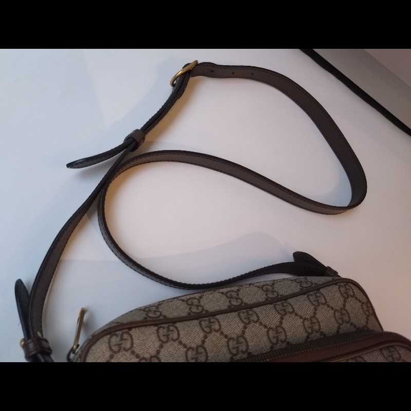 Gucci 咖皮邊印花PVC綠紅綠數層拉鍊斜背包-22