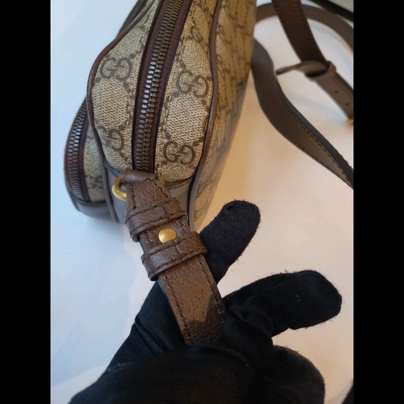 Gucci 咖皮邊印花PVC綠紅綠數層拉鍊斜背包-23