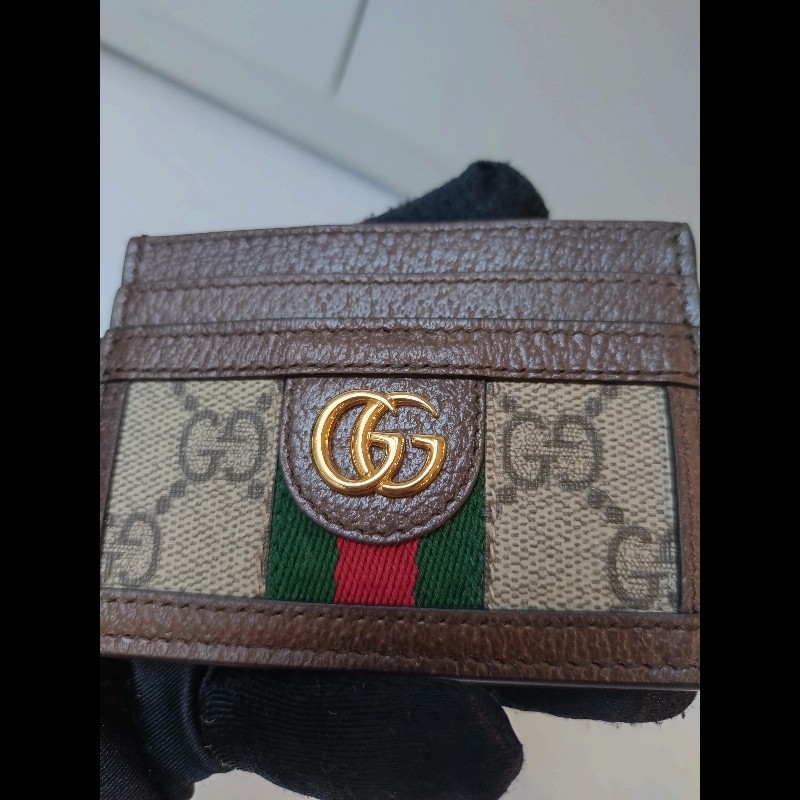 Gucci 咖邊GG 印花綠紅綠卡片夾-1