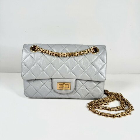 CHANEL 2.55 Mini 20 淺灰 復古小牛皮 霧金鍊 斜挎 單肩 迷你 口蓋包 AS0874