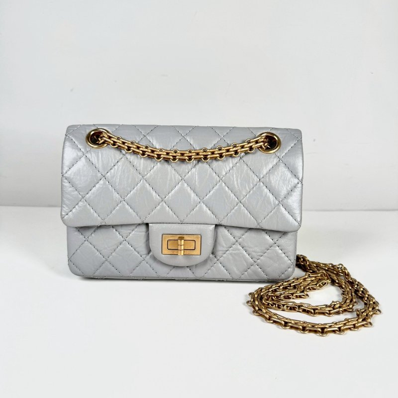 CHANEL 2.55 Mini 20 淺灰 復古小牛皮 霧金鍊 斜挎 單肩 迷你 口蓋包 AS0874-0