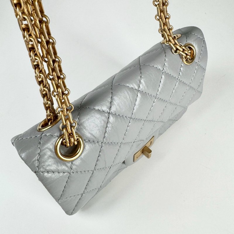CHANEL 2.55 Mini 20 淺灰 復古小牛皮 霧金鍊 斜挎 單肩 迷你 口蓋包 AS0874-2