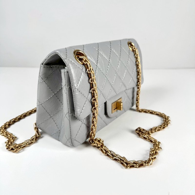 CHANEL 2.55 Mini 20 淺灰 復古小牛皮 霧金鍊 斜挎 單肩 迷你 口蓋包 AS0874-6