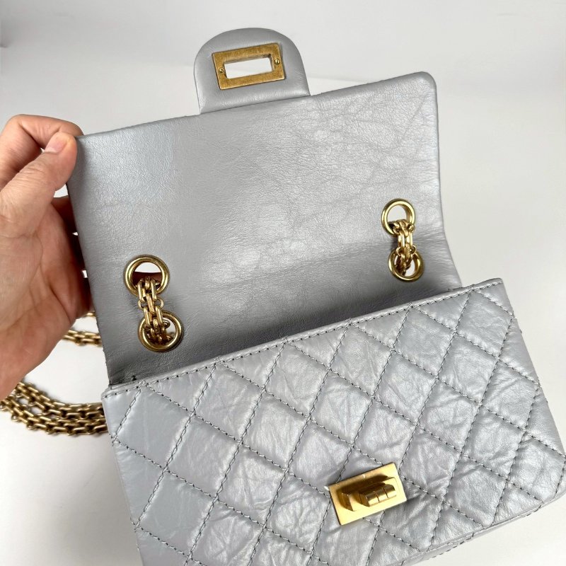 CHANEL 2.55 Mini 20 淺灰 復古小牛皮 霧金鍊 斜挎 單肩 迷你 口蓋包 AS0874-7