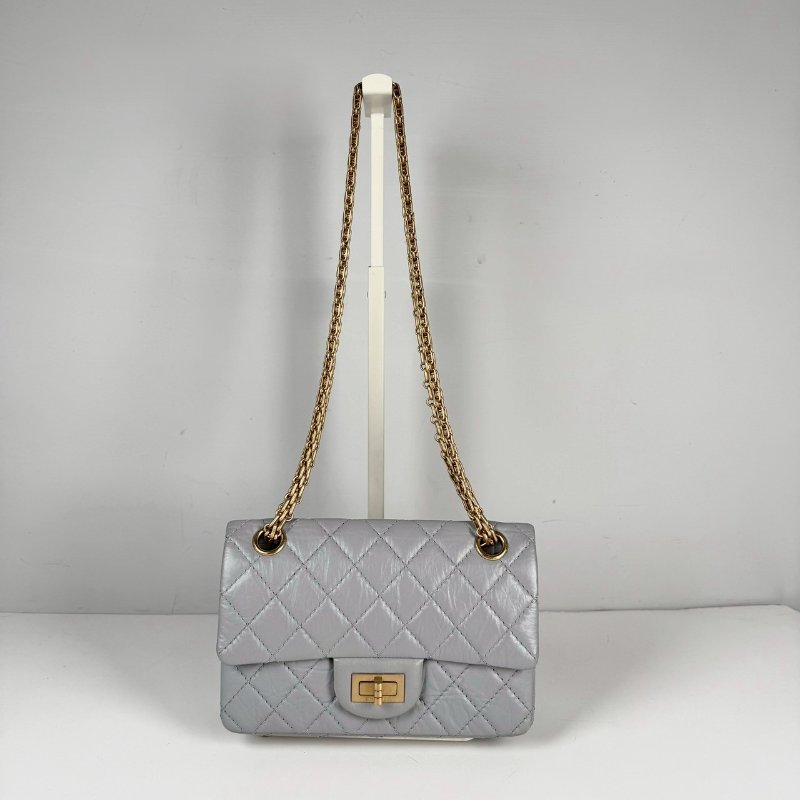 CHANEL 2.55 Mini 20 淺灰 復古小牛皮 霧金鍊 斜挎 單肩 迷你 口蓋包 AS0874-9