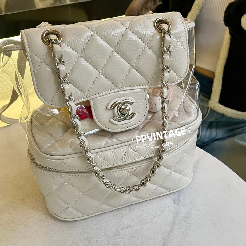 Chanel 奶油白亮色 Summer color側背雙鏈書包/透明雙層特殊款-3