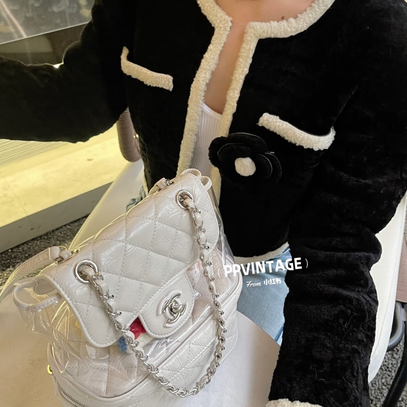Chanel 奶油白亮色 Summer color側背雙鏈書包/透明雙層特殊款-4