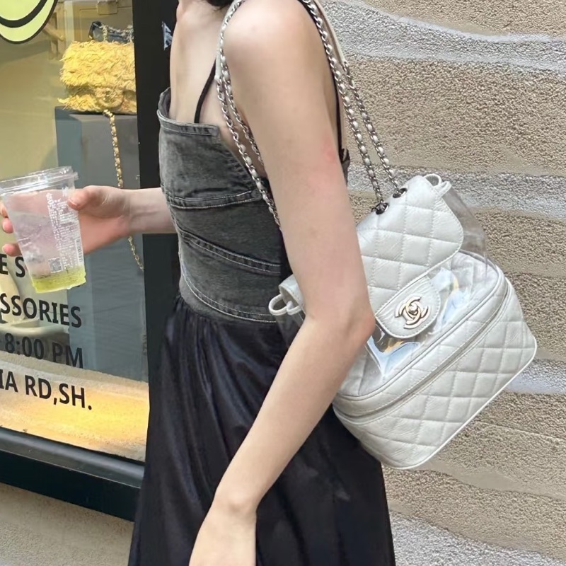 Chanel 奶油白亮色 Summer color側背雙鏈書包/透明雙層特殊款-10