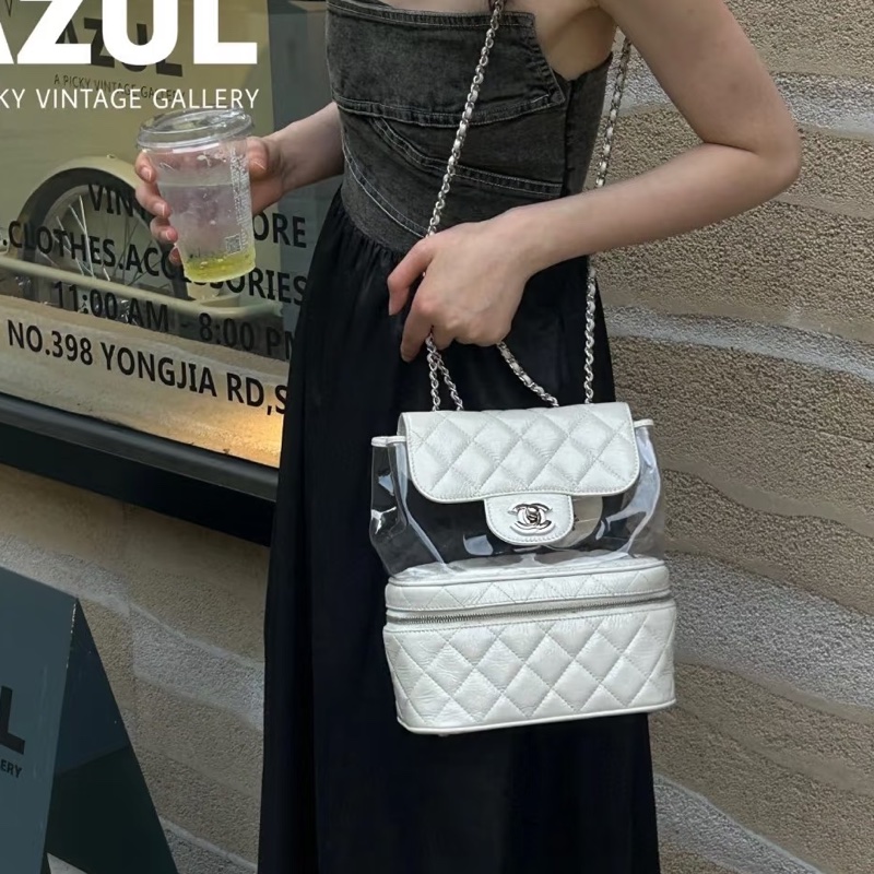 Chanel 奶油白亮色 Summer color側背雙鏈書包/透明雙層特殊款-11