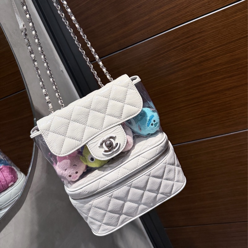 Chanel 奶油白亮色 Summer color側背雙鏈書包/透明雙層特殊款-12