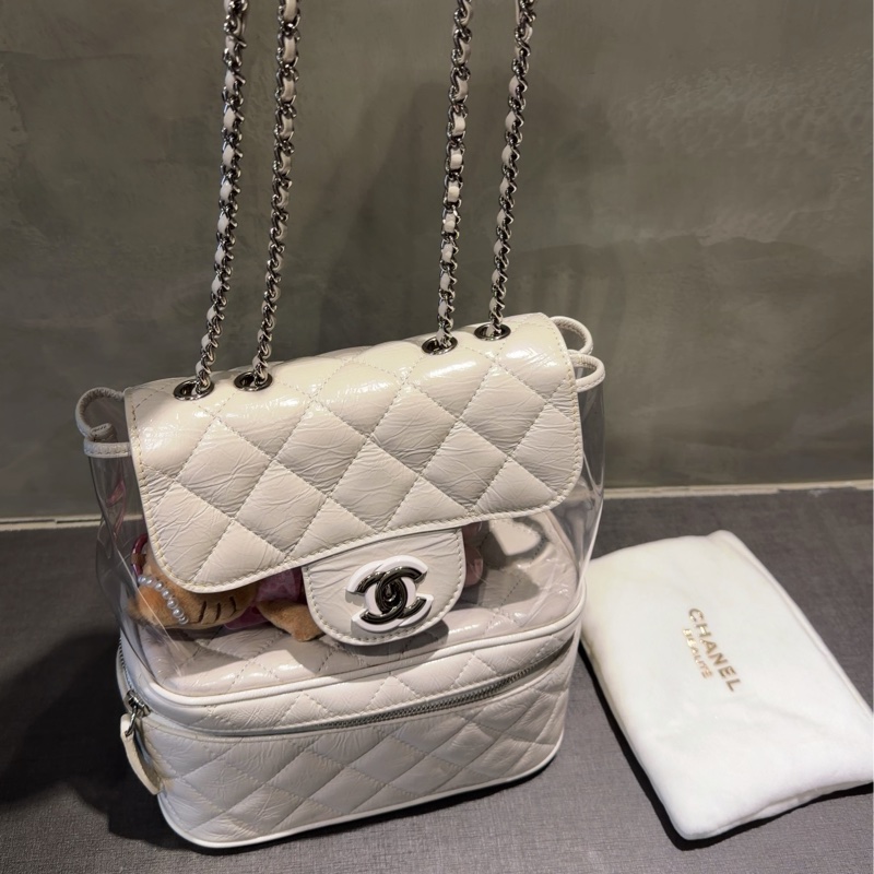 Chanel 奶油白亮色 Summer color側背雙鏈書包/透明雙層特殊款-16