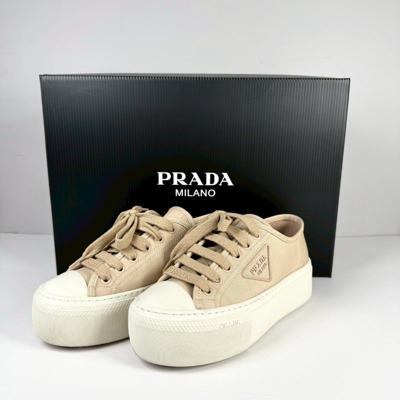 PRADA 米色 帆布 三角標 厚底 增高 休閒鞋 運動鞋36號 1E407N-0
