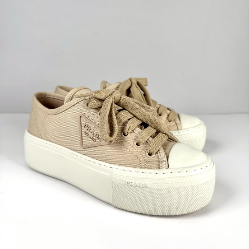 PRADA 米色 帆布 三角標 厚底 增高 休閒鞋 運動鞋36號 1E407N-1
