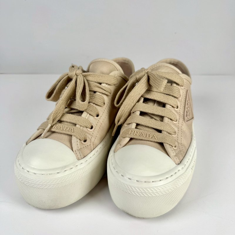 PRADA 米色 帆布 三角標 厚底 增高 休閒鞋 運動鞋36號 1E407N-2