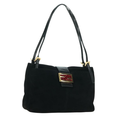 FENDI Mamma Baguette 手提包，黑色金邊麂皮，正品編號 178745V