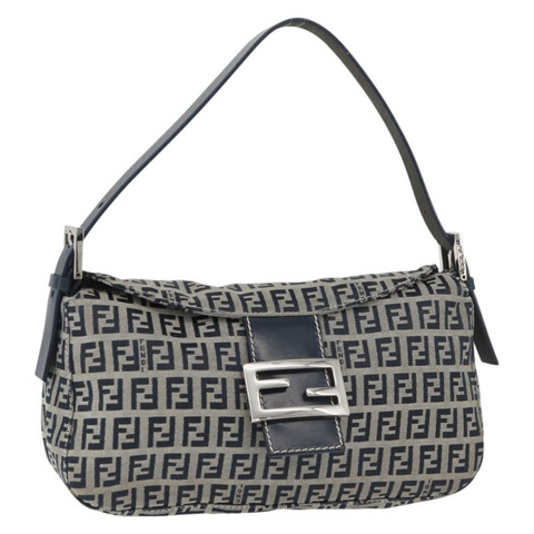 FENDI Zucchino帆布Mamma Baguette單肩包 海軍藍 銀色 正品 179028SAV