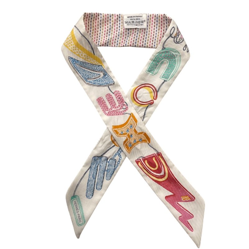 HERMES 愛馬仕 CHEVALOSCOPE POINTILLE TWILLY 絲巾 真絲 白色系-0