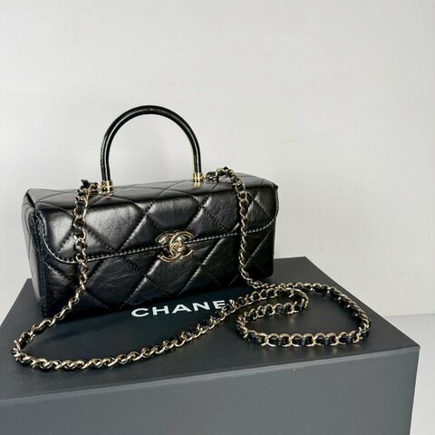 CHANEL 限量 黑色 金釦 小牛皮 handle 提把 金鏈 長方盒 醫生包 AS4471