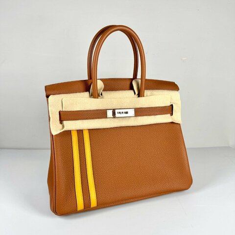 Hermes Birkin 30cm 金棕 拼琥珀黃 條紋 TOGO皮 銀釦 中隊長 柏金包 C刻 台灣購證