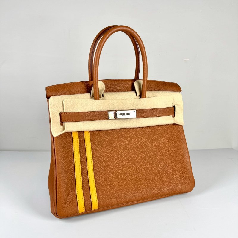 Hermes Birkin 30cm 金棕 拼琥珀黃 條紋 TOGO皮 銀釦 中隊長 柏金包 C刻 台灣購證-0
