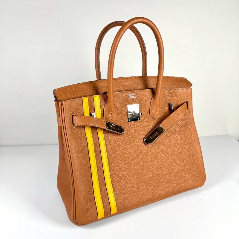 Hermes Birkin 30cm 金棕 拼琥珀黃 條紋 TOGO皮 銀釦 中隊長 柏金包 C刻 台灣購證-2