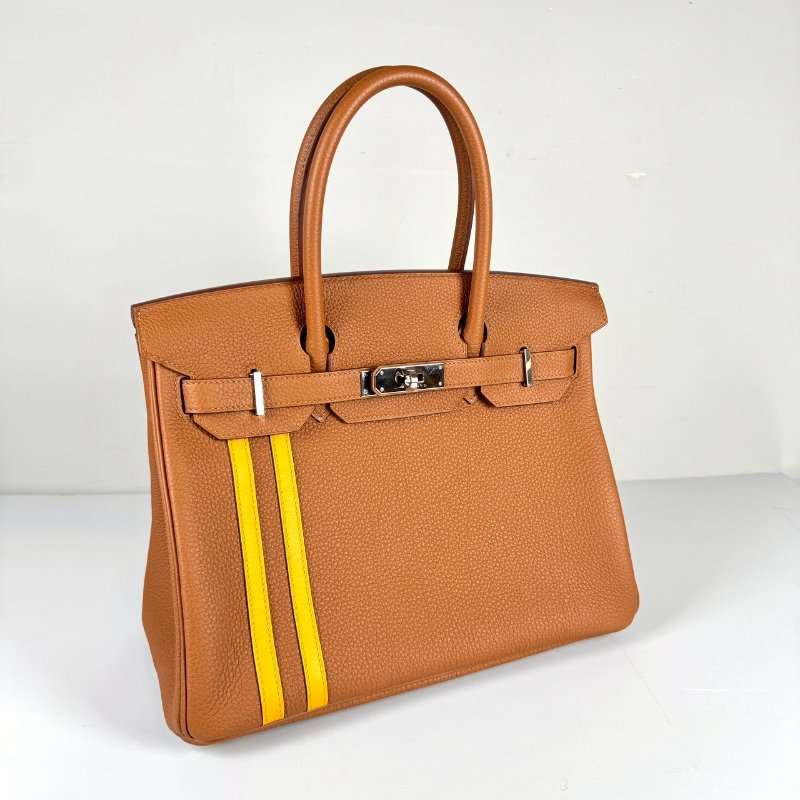 Hermes Birkin 30cm 金棕 拼琥珀黃 條紋 TOGO皮 銀釦 中隊長 柏金包 C刻 台灣購證-3
