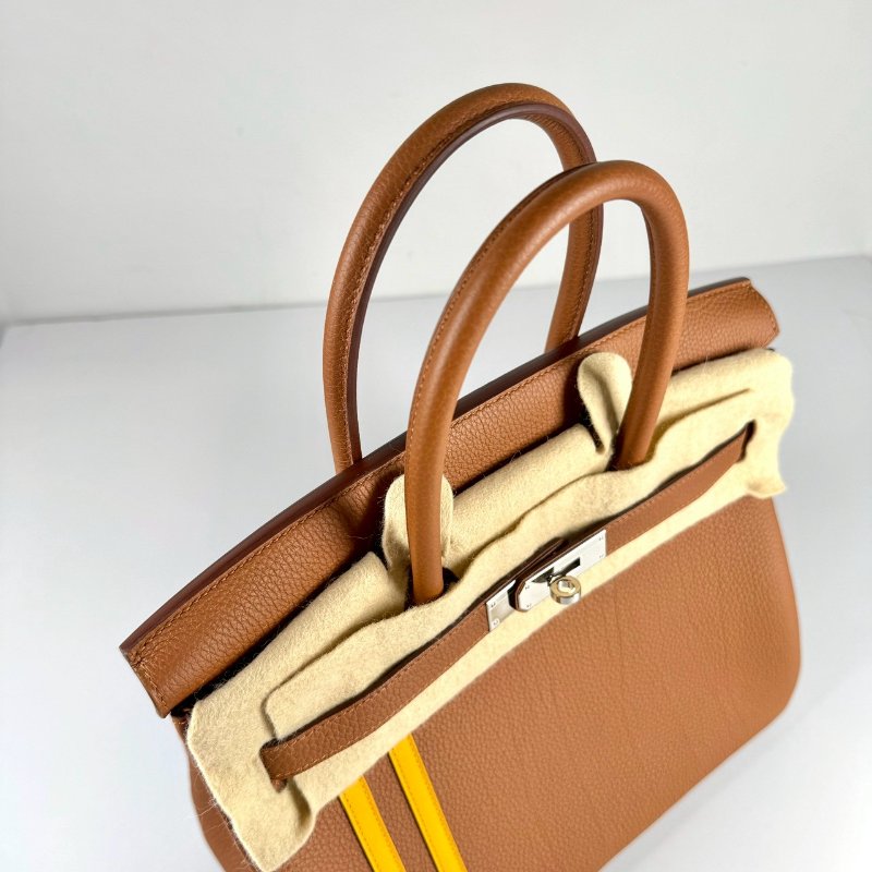 Hermes Birkin 30cm 金棕 拼琥珀黃 條紋 TOGO皮 銀釦 中隊長 柏金包 C刻 台灣購證-7