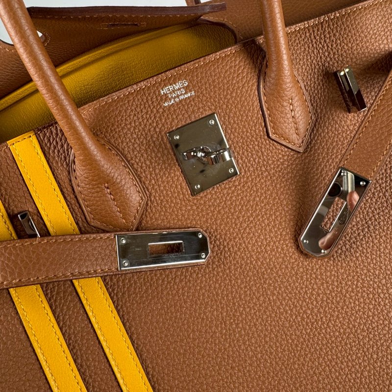 Hermes Birkin 30cm 金棕 拼琥珀黃 條紋 TOGO皮 銀釦 中隊長 柏金包 C刻 台灣購證-9