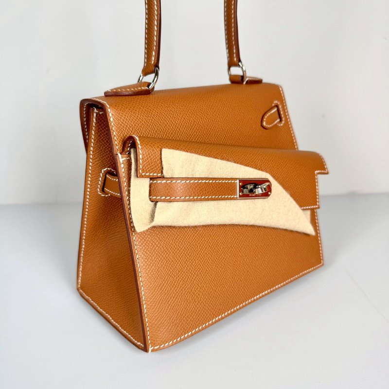 HERMES 雙面 KELLY Desordre 20 金棕 銀釦 EP皮 W刻 收藏級 藍盒子-6