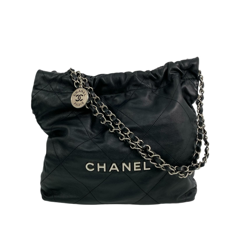 △ CHANEL 香奈兒 Black Calfskin Silver Tone Metal 22 Bag Chain Shoulder Bag 黑色小牛皮銀色金屬鎖鏈肩背包-267010357-1