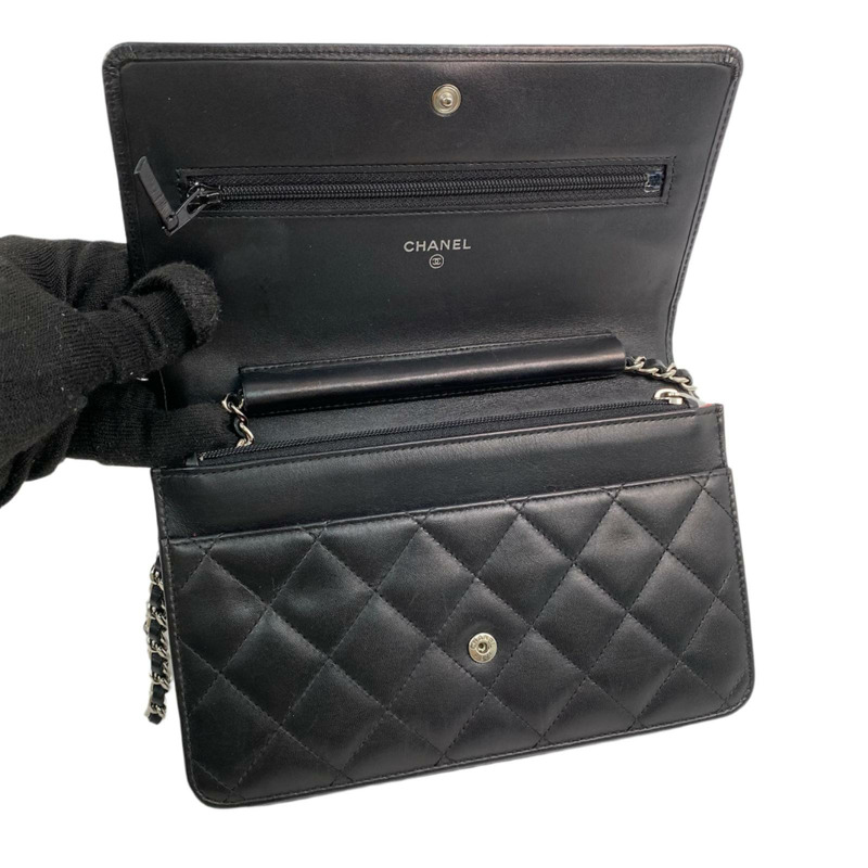 △ CHANEL 香奈兒 Black Calfskin Silver Tone Metal Cambon No.16 Chain Wallet 黑色小牛皮銀色金屬No.16鏈條銀包-267009841-12
