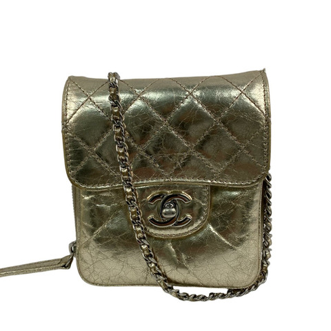 △ CHANEL 香奈兒 Gold Goatskin Silver Tone Metal Mini No.16 Chain Crossbody Bag 金色山羊皮銀色金屬No.16鎖鏈斜揹袋-267010687