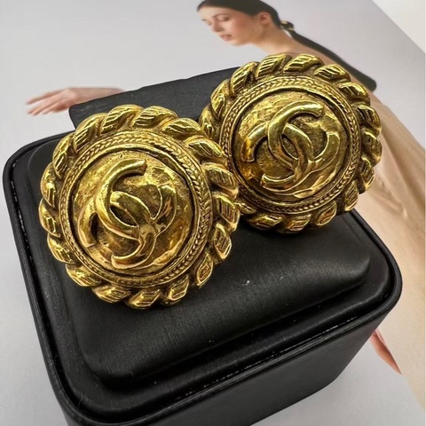 Chanel 金色麻花圓餅耳夾（經典絕版美品）