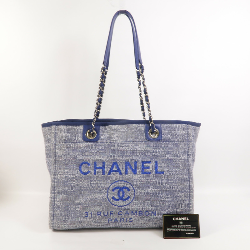 CHANEL 帆布Deauville MM鏈帶肩背袋-9